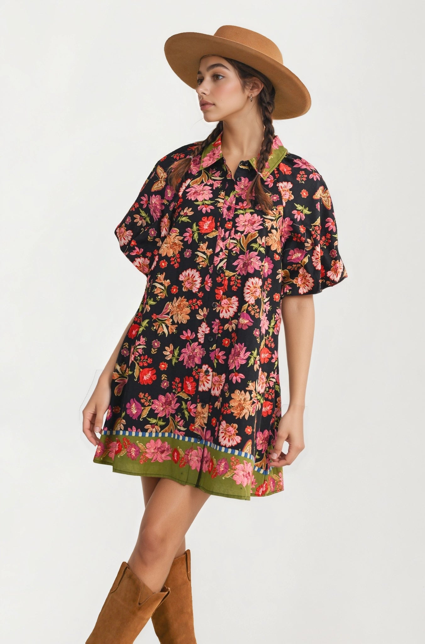 Button Front Shirt Dress with Bold Floral Print