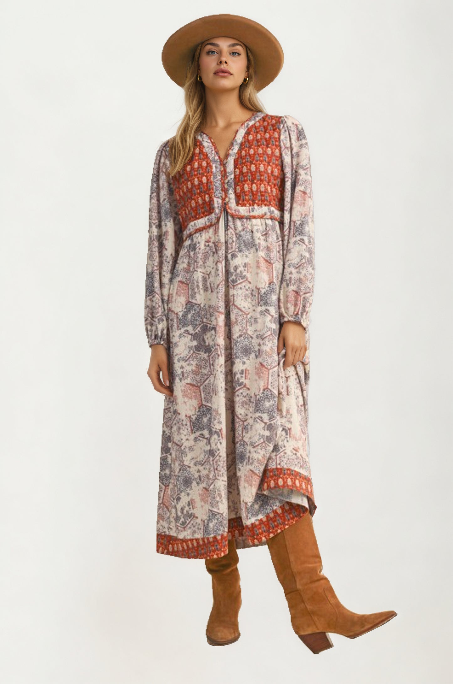 Long Sleeve Maxi Dress with Patchwork Print and Relaxed Fit