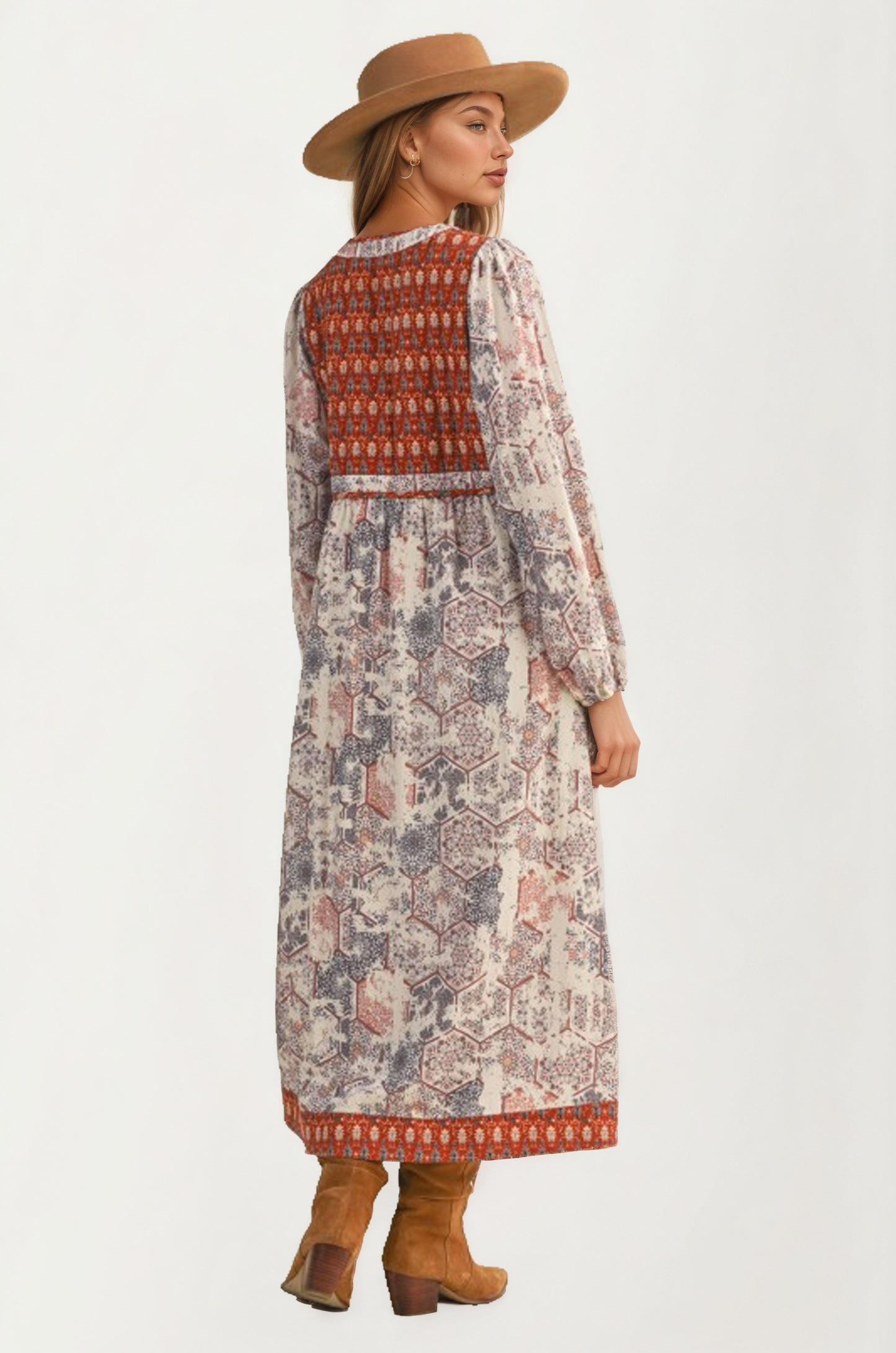 Long Sleeve Maxi Dress with Patchwork Print and Relaxed Fit