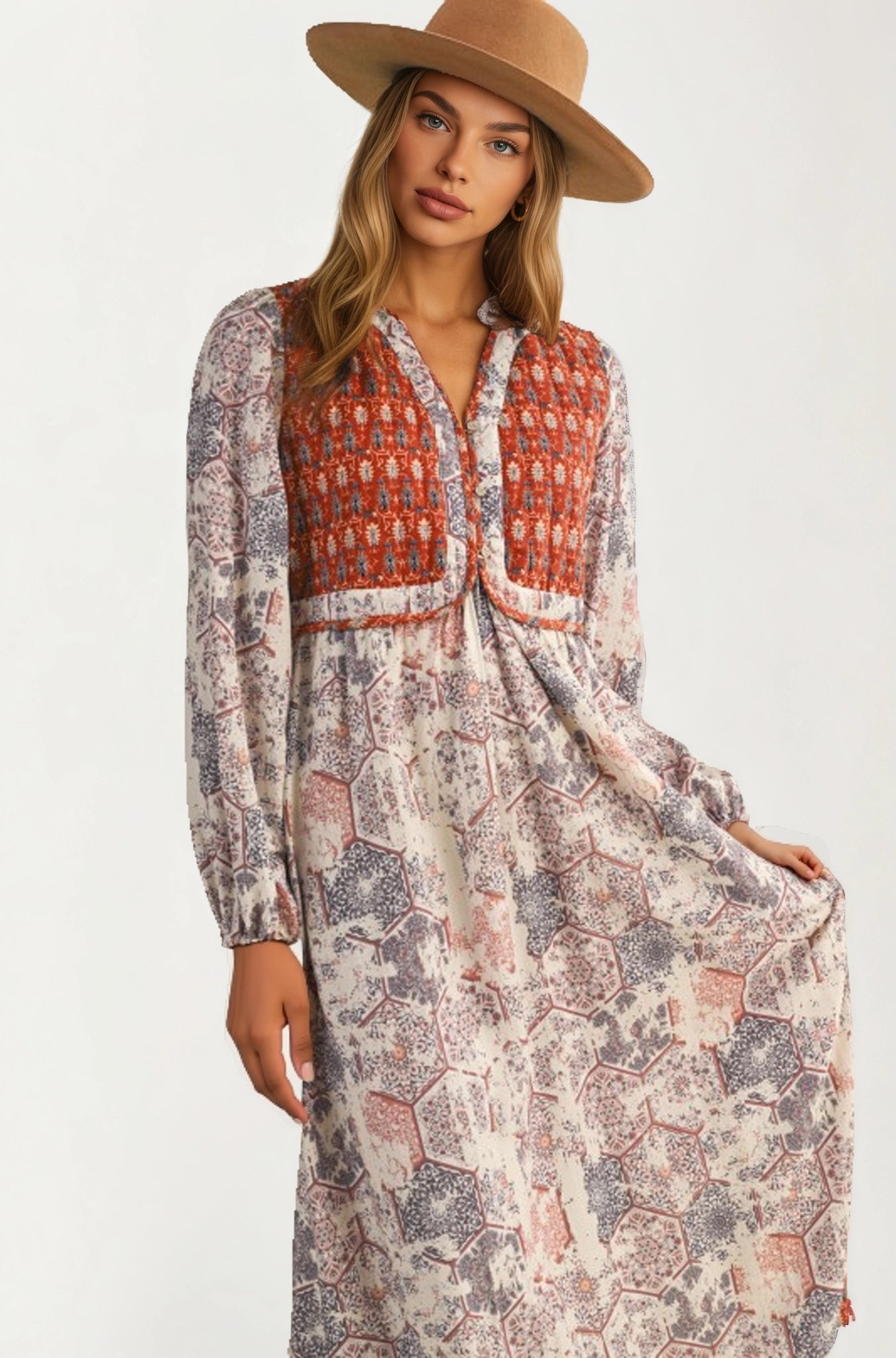 Long Sleeve Maxi Dress with Patchwork Print and Relaxed Fit