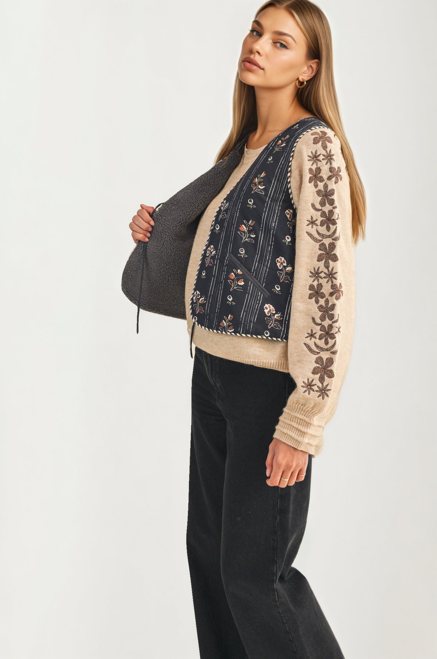Embroidered Tie Front Vest with Floral Detailing