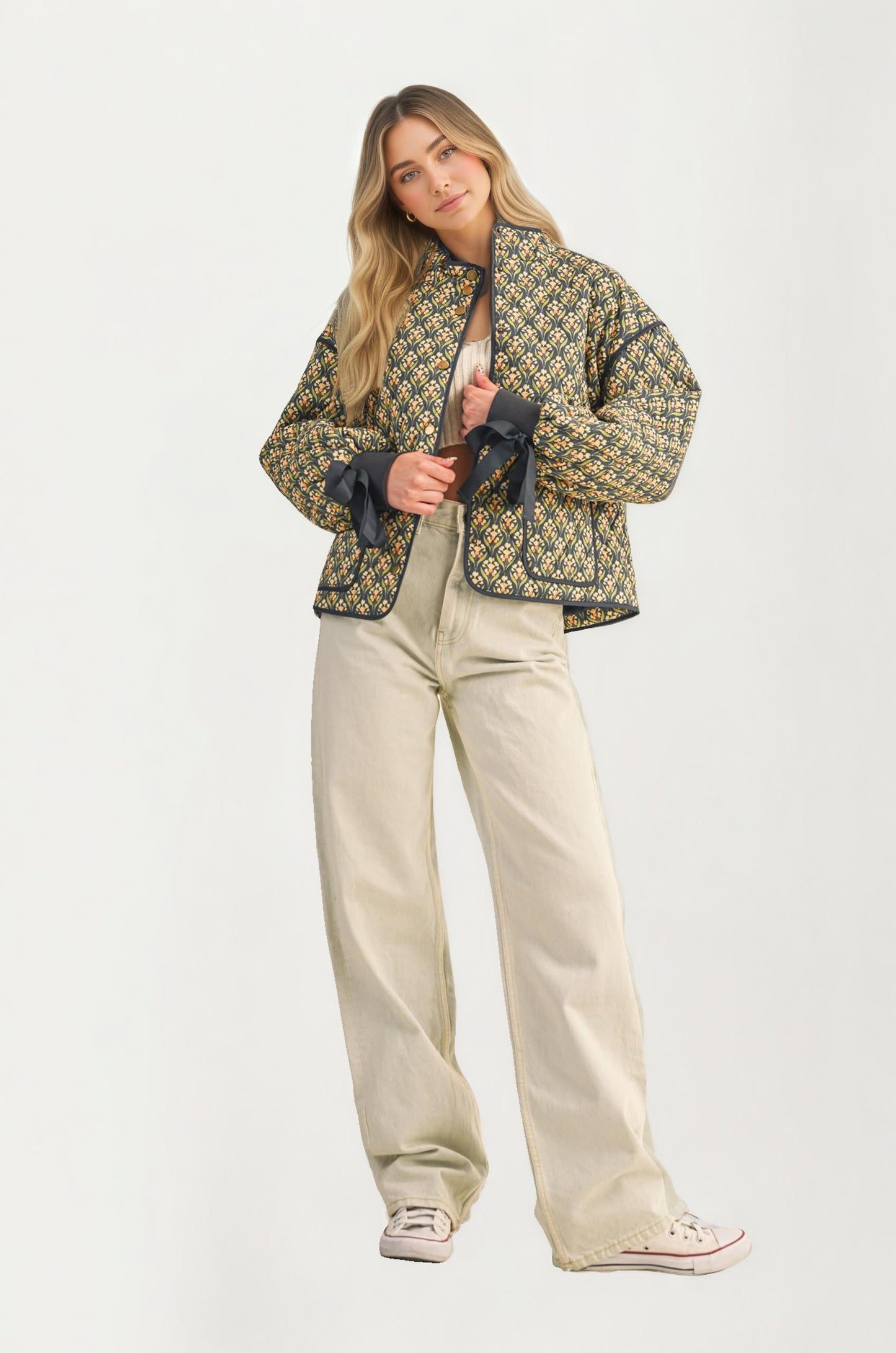 Floral Quilted Jacket with Ribbon Cuffs and Open Front