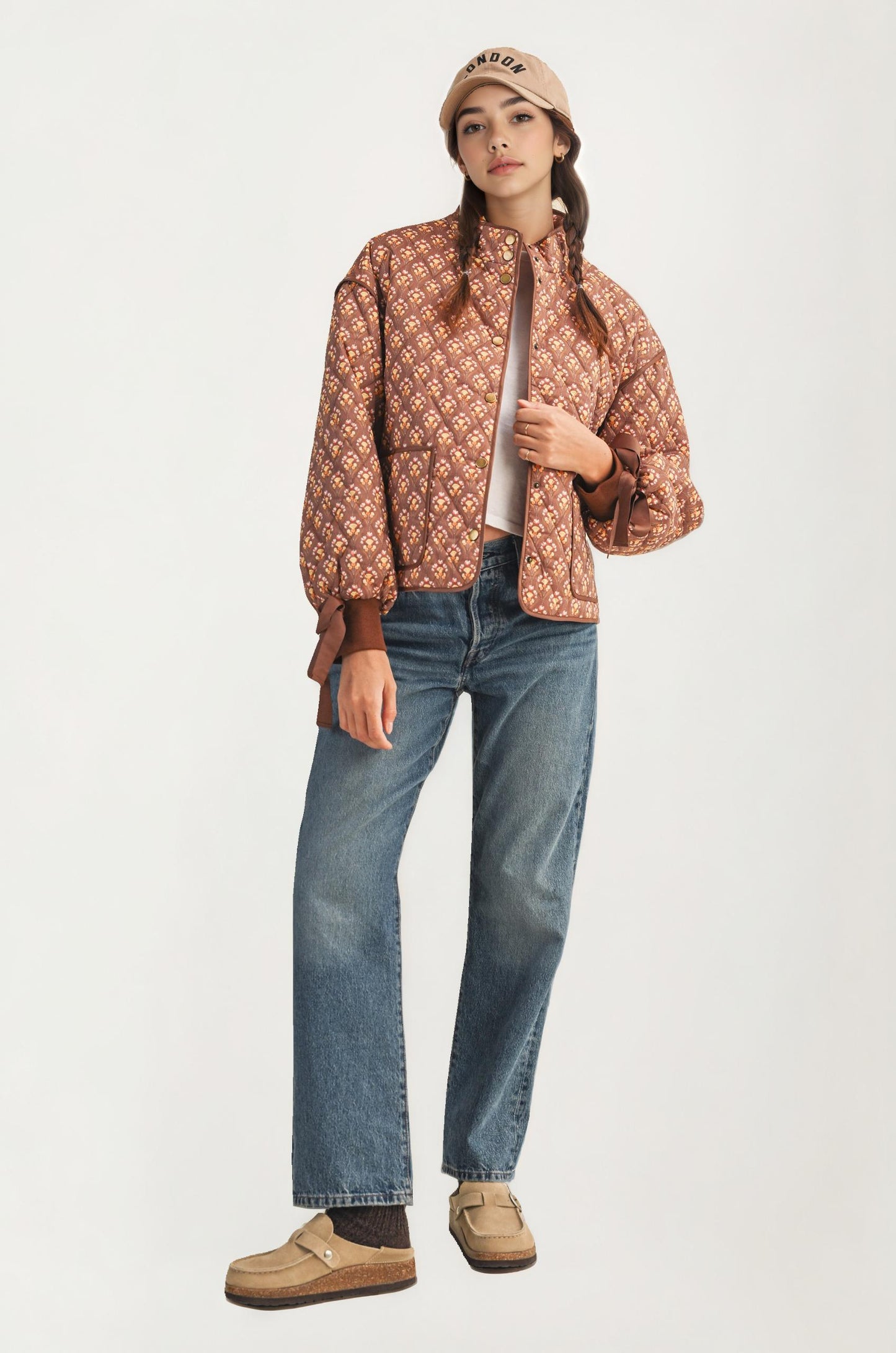 Floral Quilted Jacket with Ribbon Cuffs and Open Front