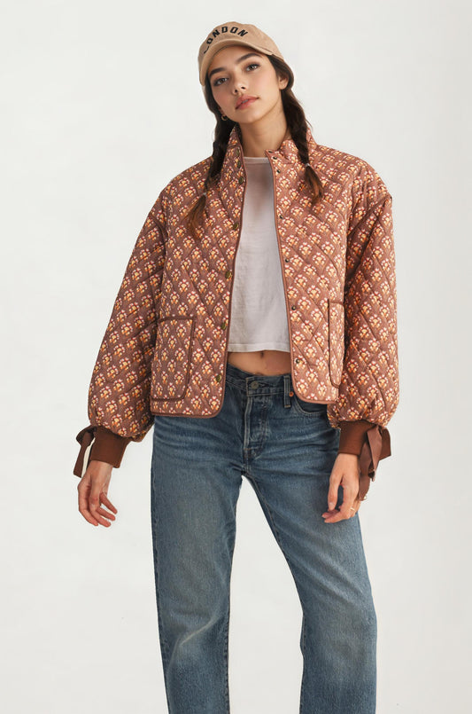 Floral Quilted Jacket with Ribbon Cuffs and Open Front