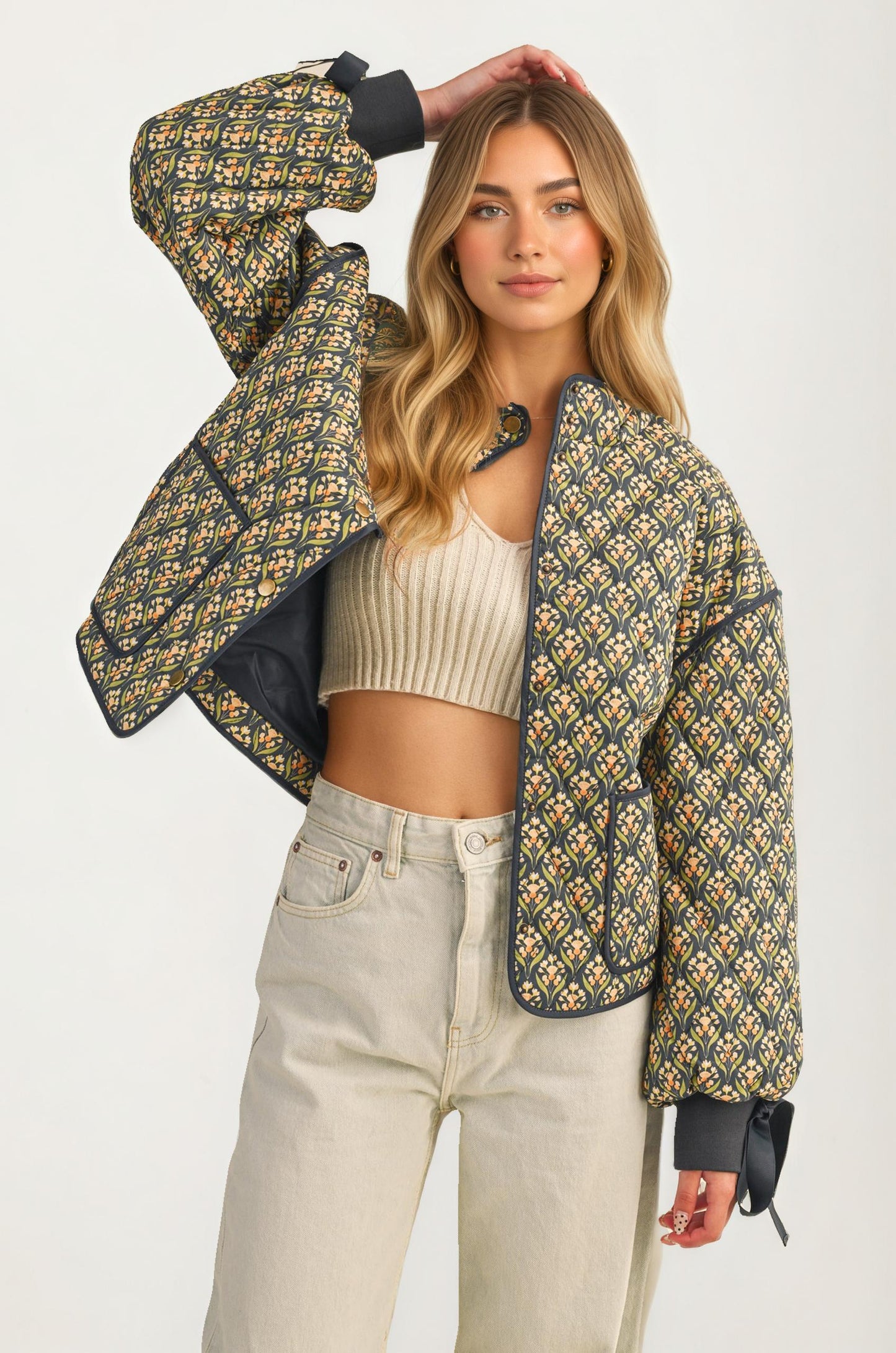 Floral Quilted Jacket with Ribbon Cuffs and Open Front
