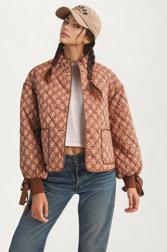 Floral Quilted Jacket with Ribbon Cuffs and Open Front