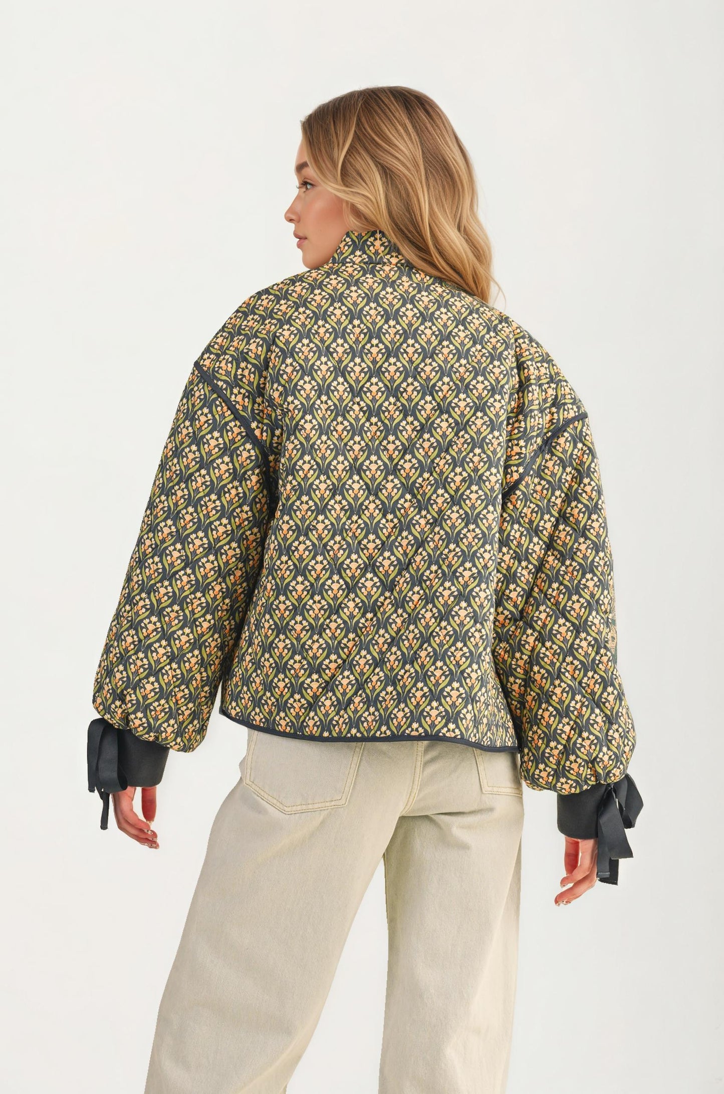 Floral Quilted Jacket with Ribbon Cuffs and Open Front