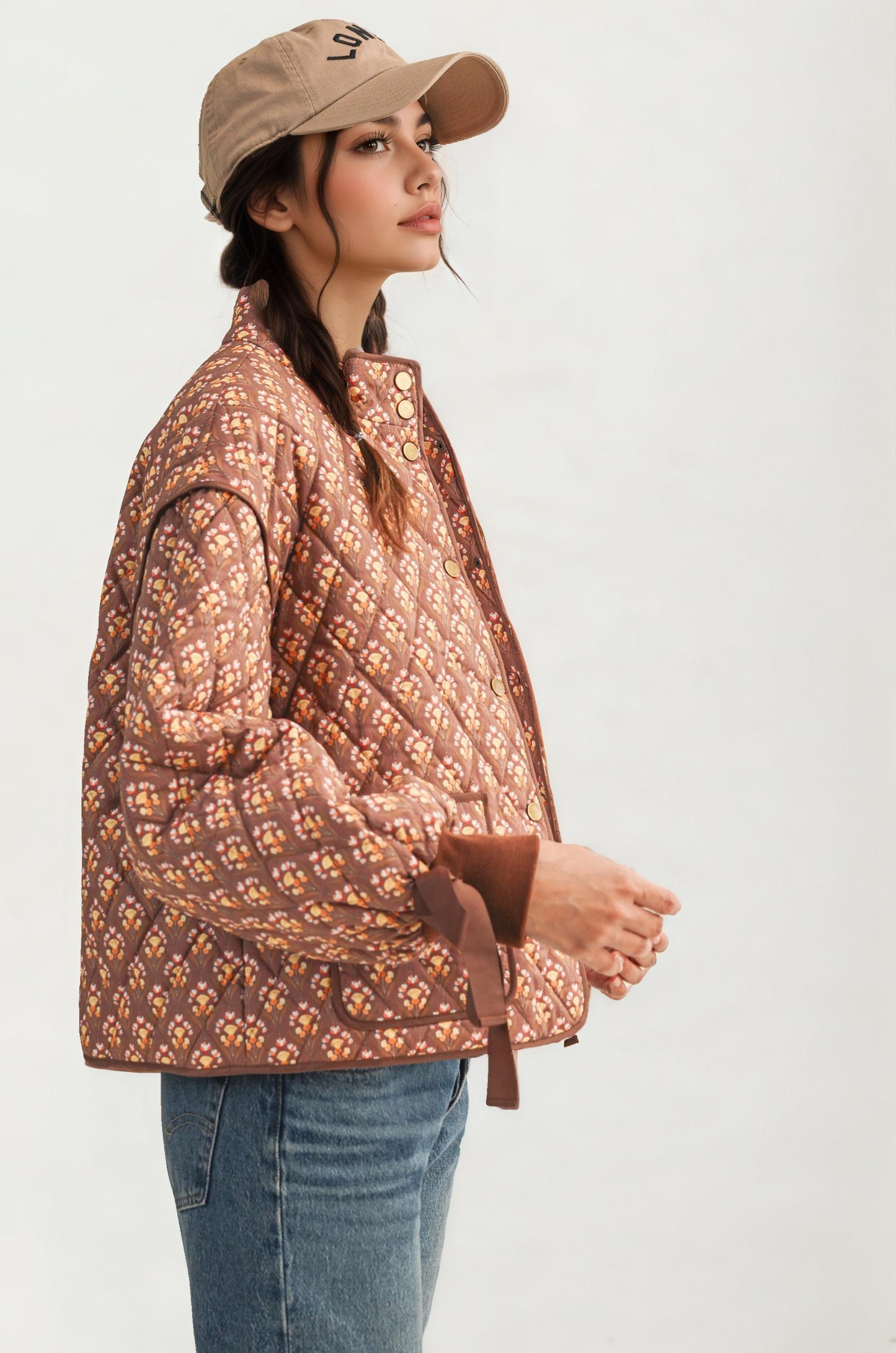 Floral Quilted Jacket with Ribbon Cuffs and Open Front
