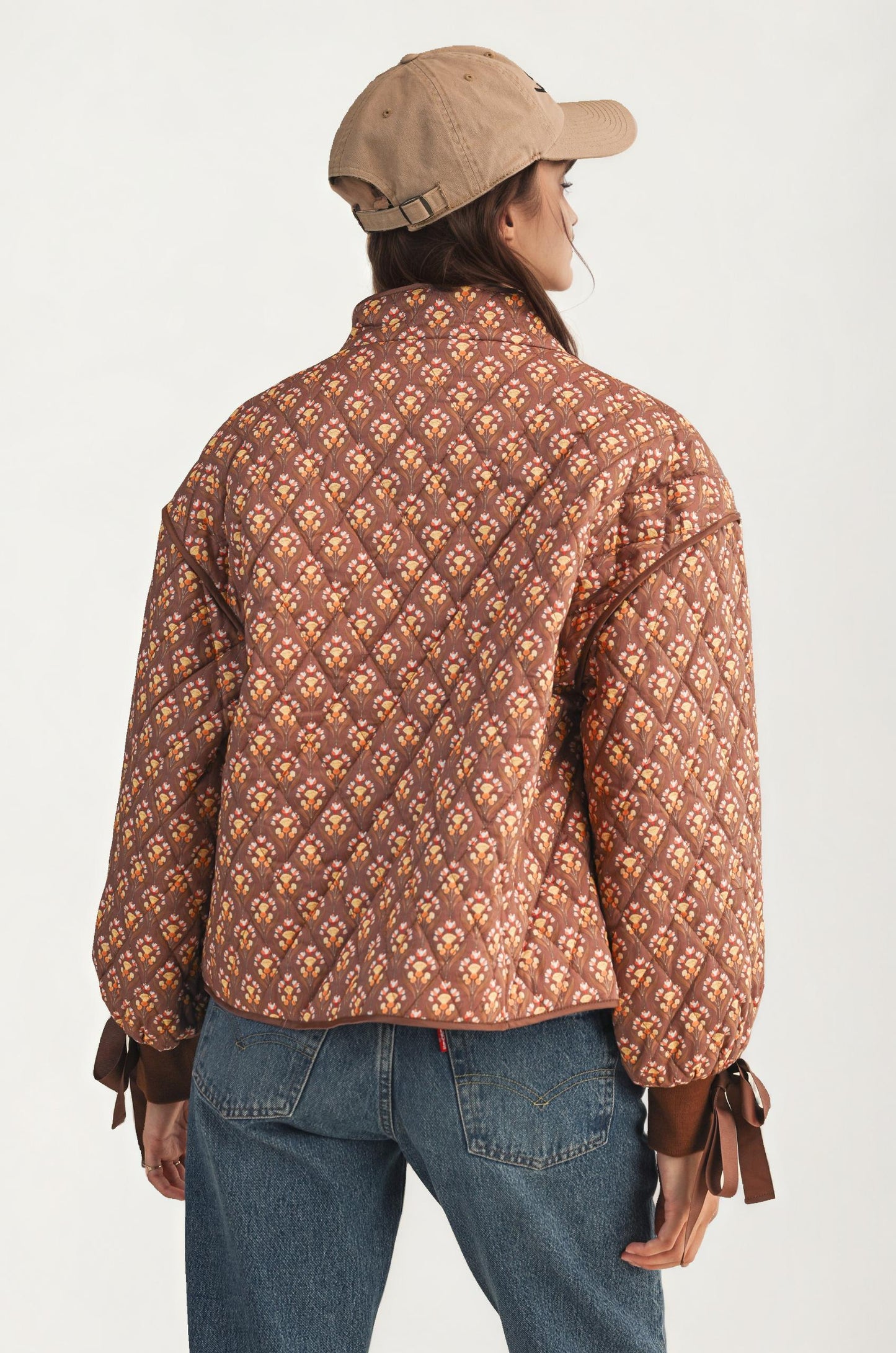 Floral Quilted Jacket with Ribbon Cuffs and Open Front