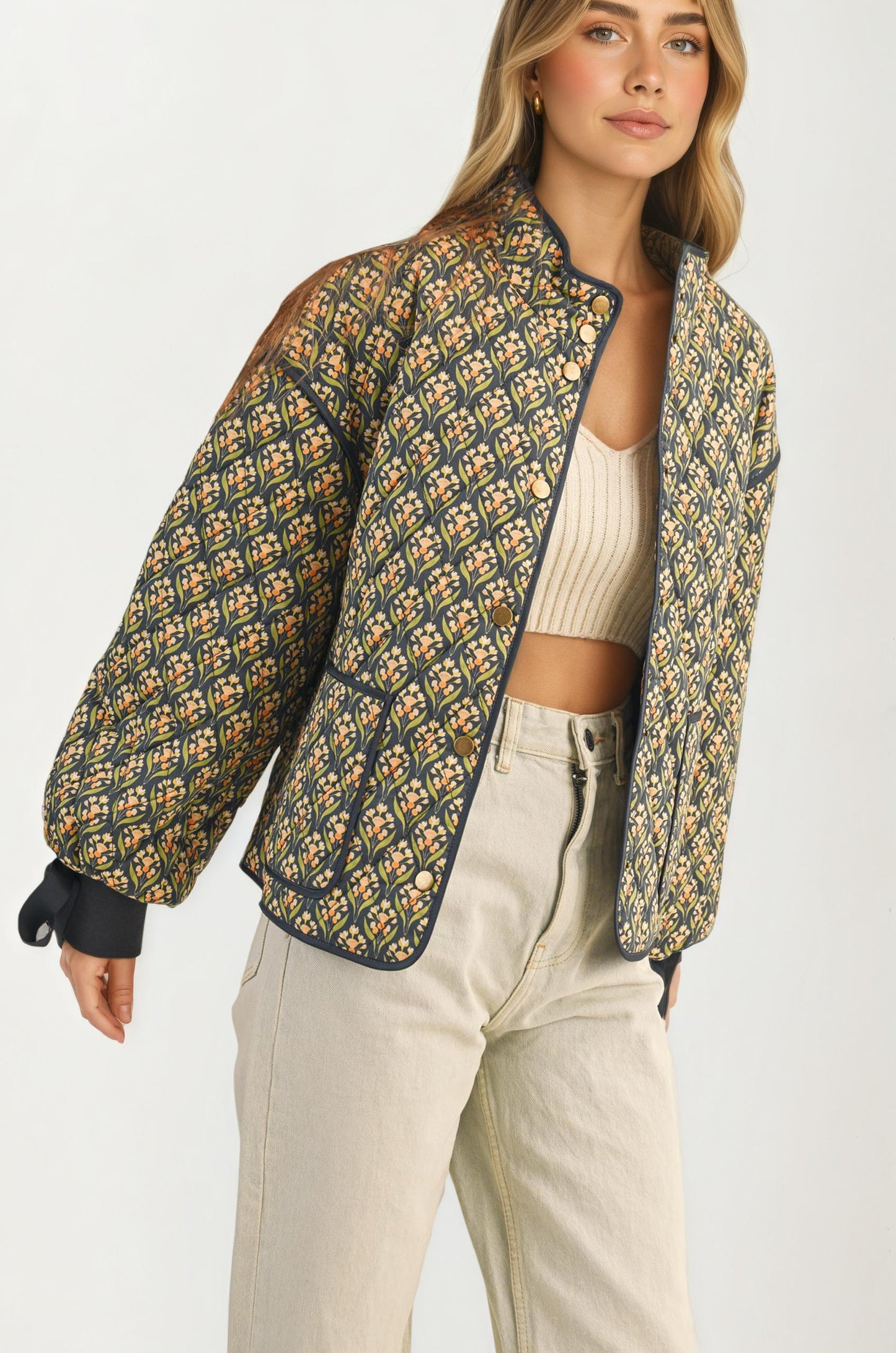 Floral Quilted Jacket with Ribbon Cuffs and Open Front