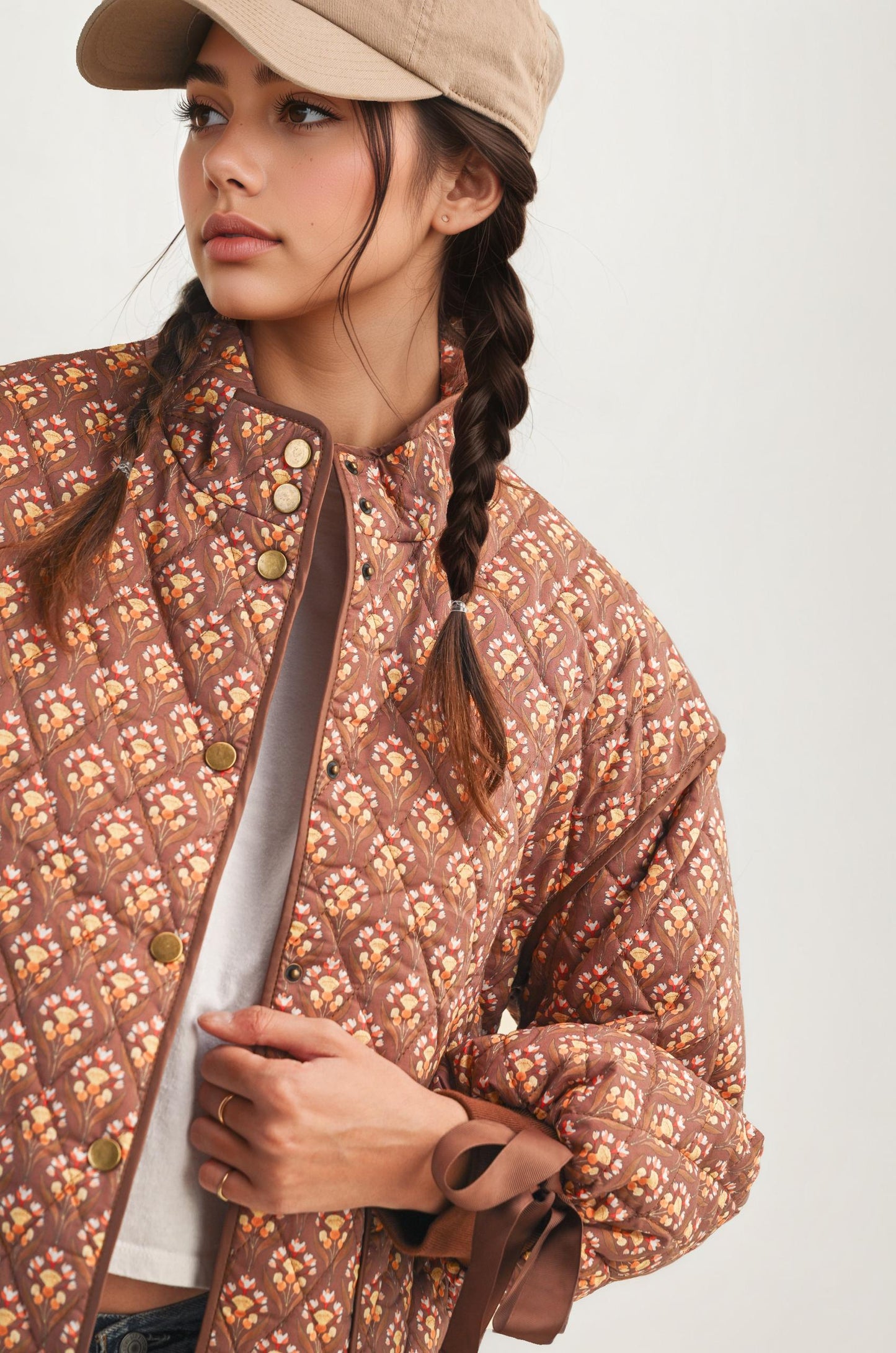 Floral Quilted Jacket with Ribbon Cuffs and Open Front