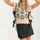 Floral Knit Sweater Vest With Side Ties And Scalloped Hems