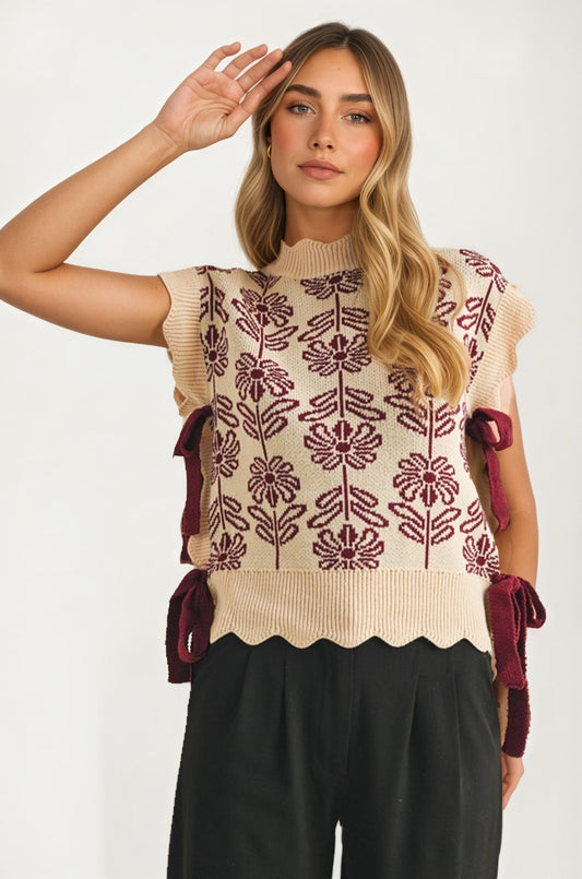 Sleeveless Sweater Vest With Floral Jacquard And Ribbon Ties