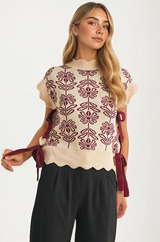 Sleeveless Sweater Vest With Floral Jacquard And Ribbon Ties