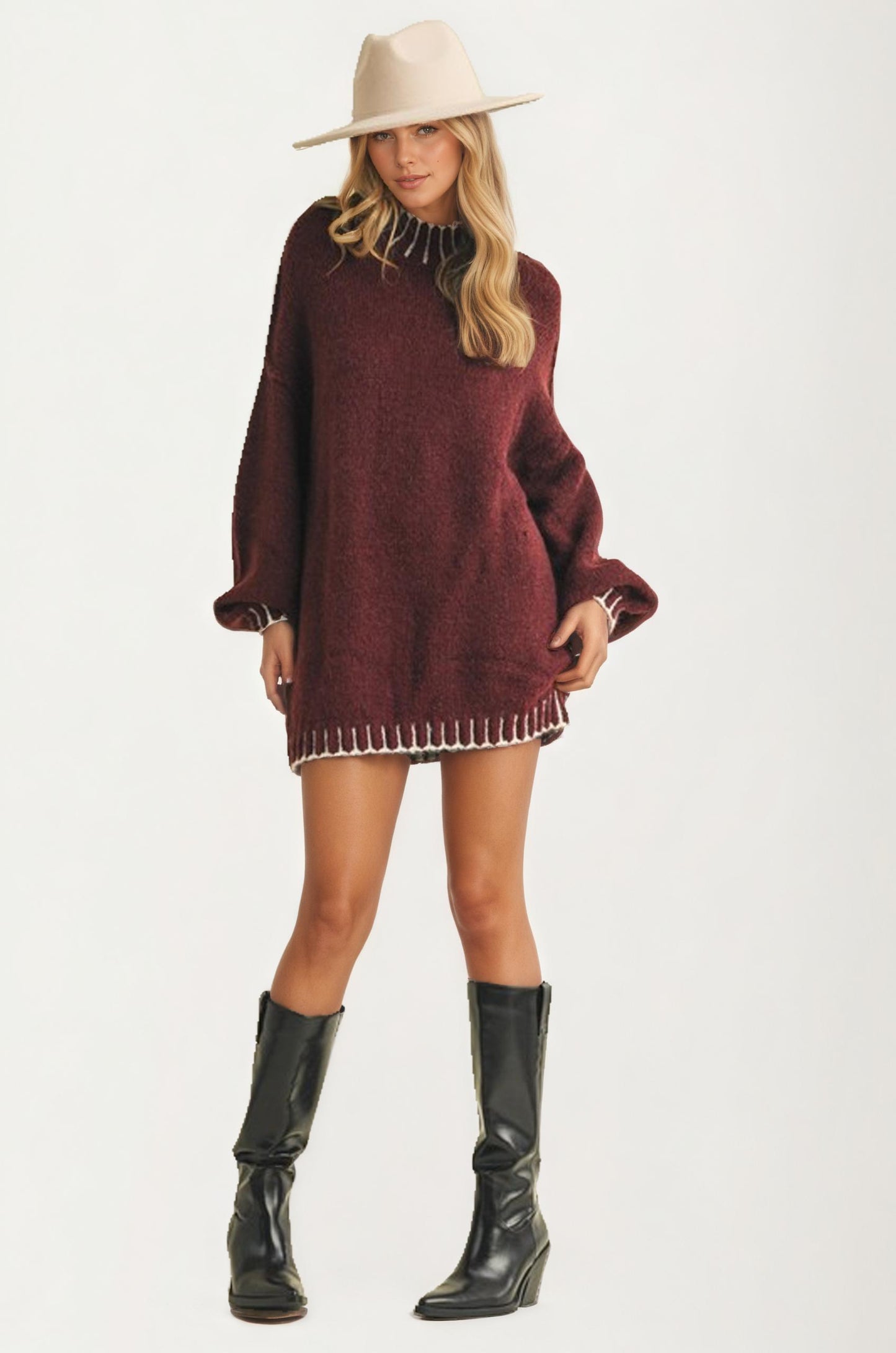 Oversized Maroon Knit Sweater With Contrast Trim