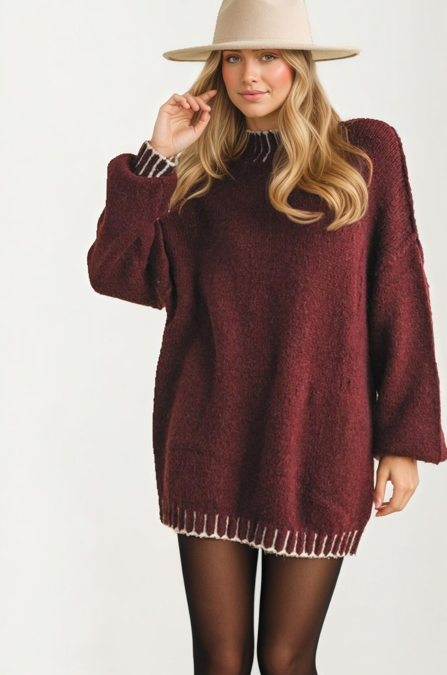 Oversized Maroon Knit Sweater With Contrast Trim