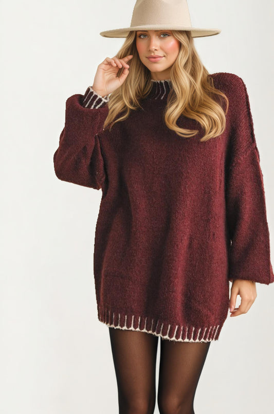 Oversized Maroon Knit Sweater With Contrast Trim