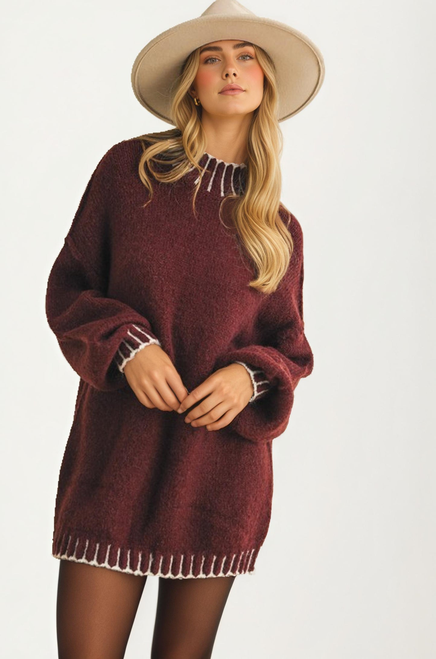 Oversized Maroon Knit Sweater With Contrast Trim