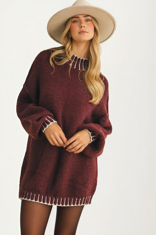 Oversized Maroon Knit Sweater With Contrast Trim