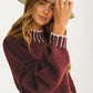 Oversized Maroon Knit Sweater With Contrast Trim