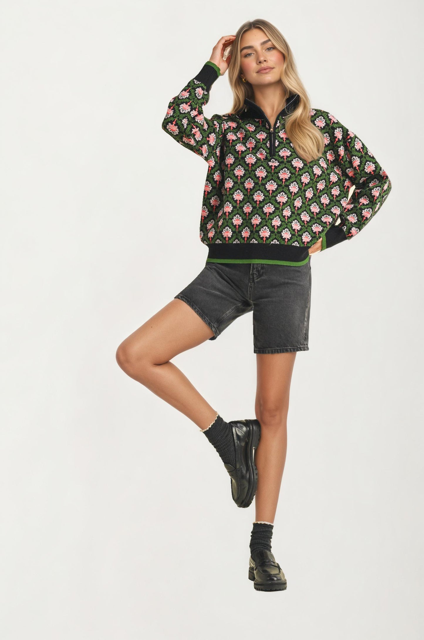 Floral Jacquard Quarter-Zip Sweater with Ribbed Trim