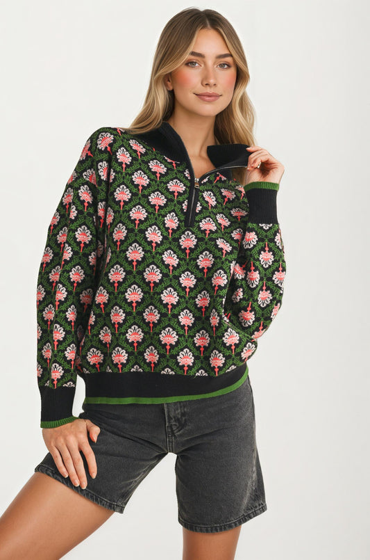 Floral Jacquard Quarter-Zip Sweater with Ribbed Trim