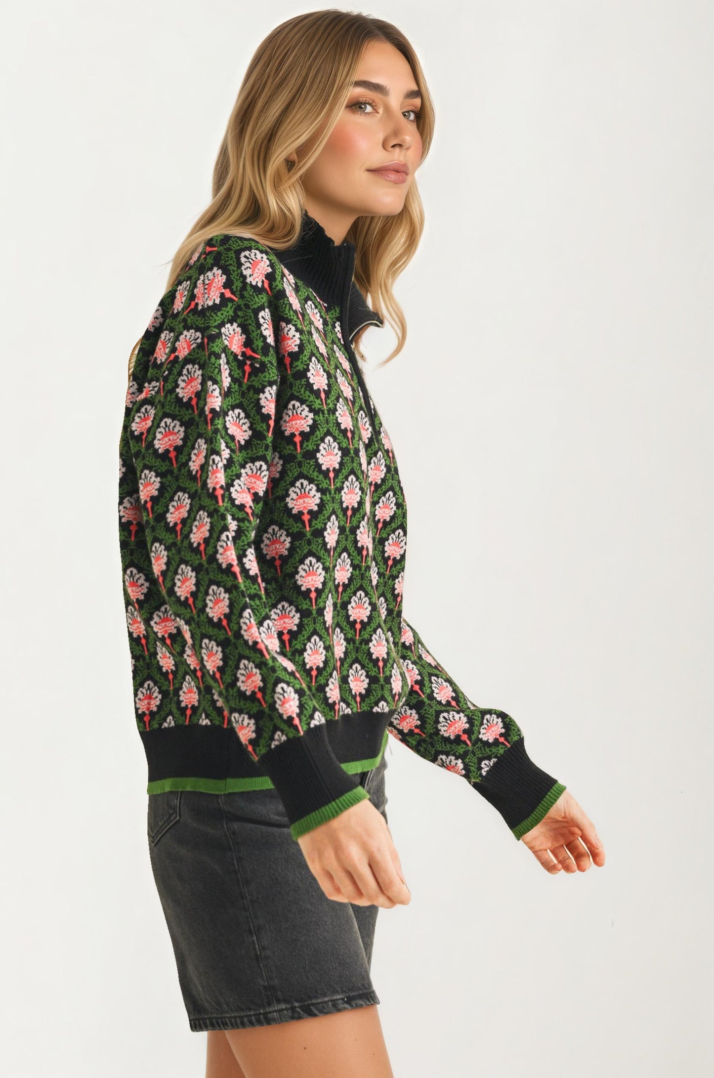 Floral Jacquard Quarter-Zip Sweater with Ribbed Trim