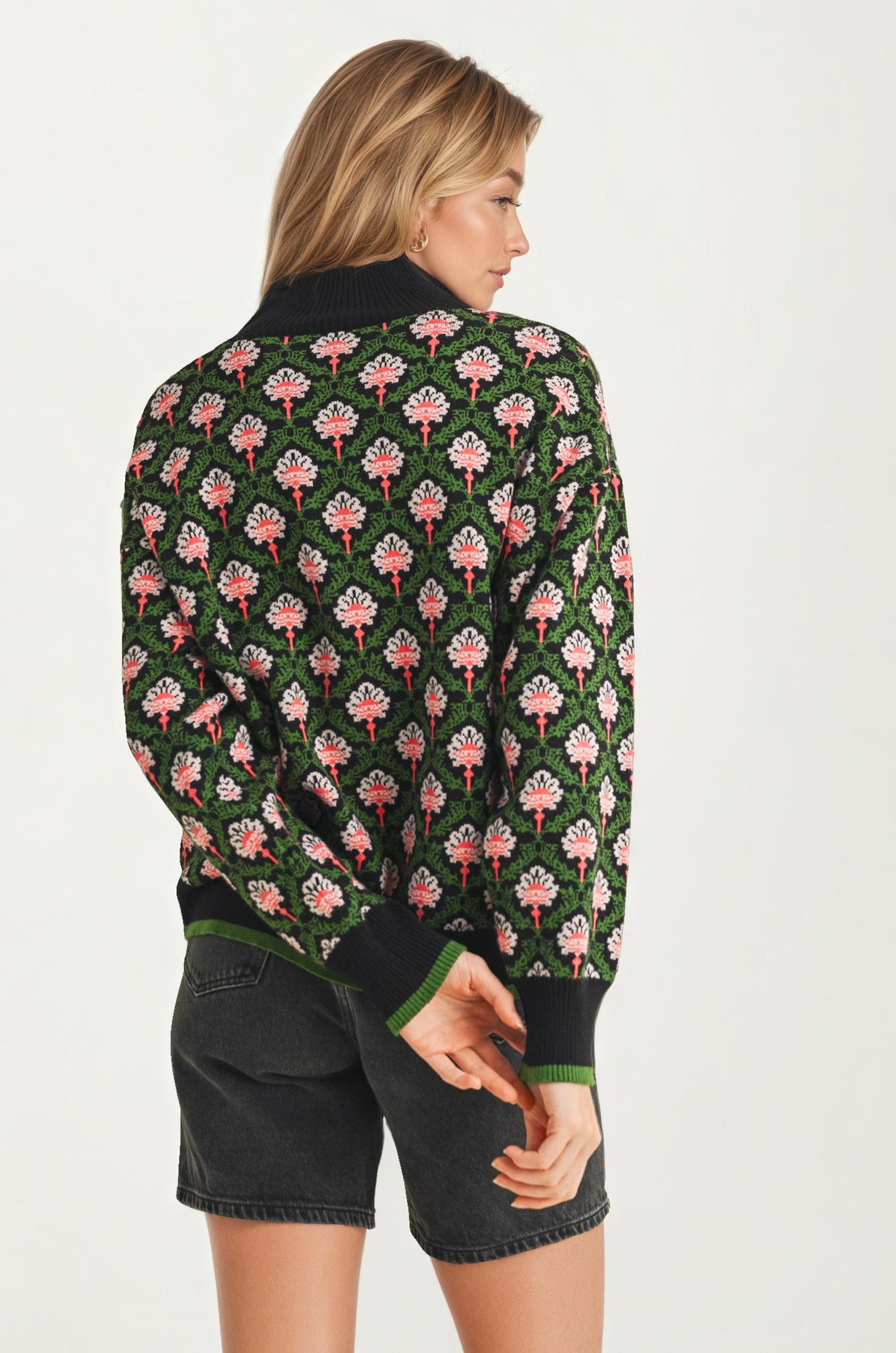 Floral Jacquard Quarter-Zip Sweater with Ribbed Trim