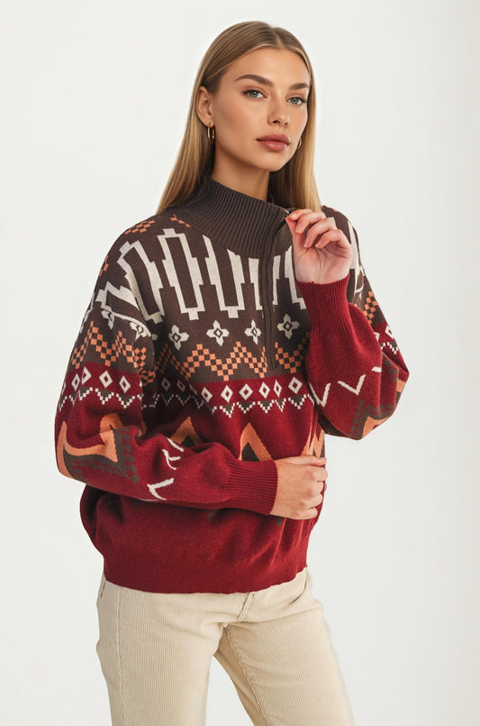 Southwestern Half-Zip Sweater with Bold Geometric Pattern
