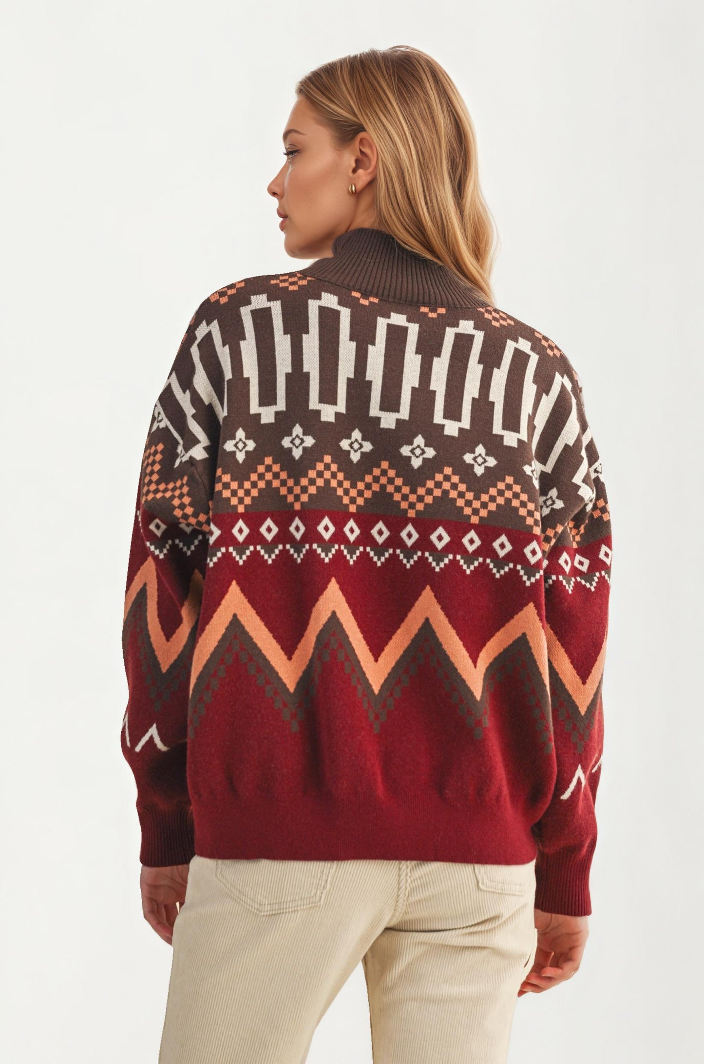 Southwestern Half-Zip Sweater with Bold Geometric Pattern