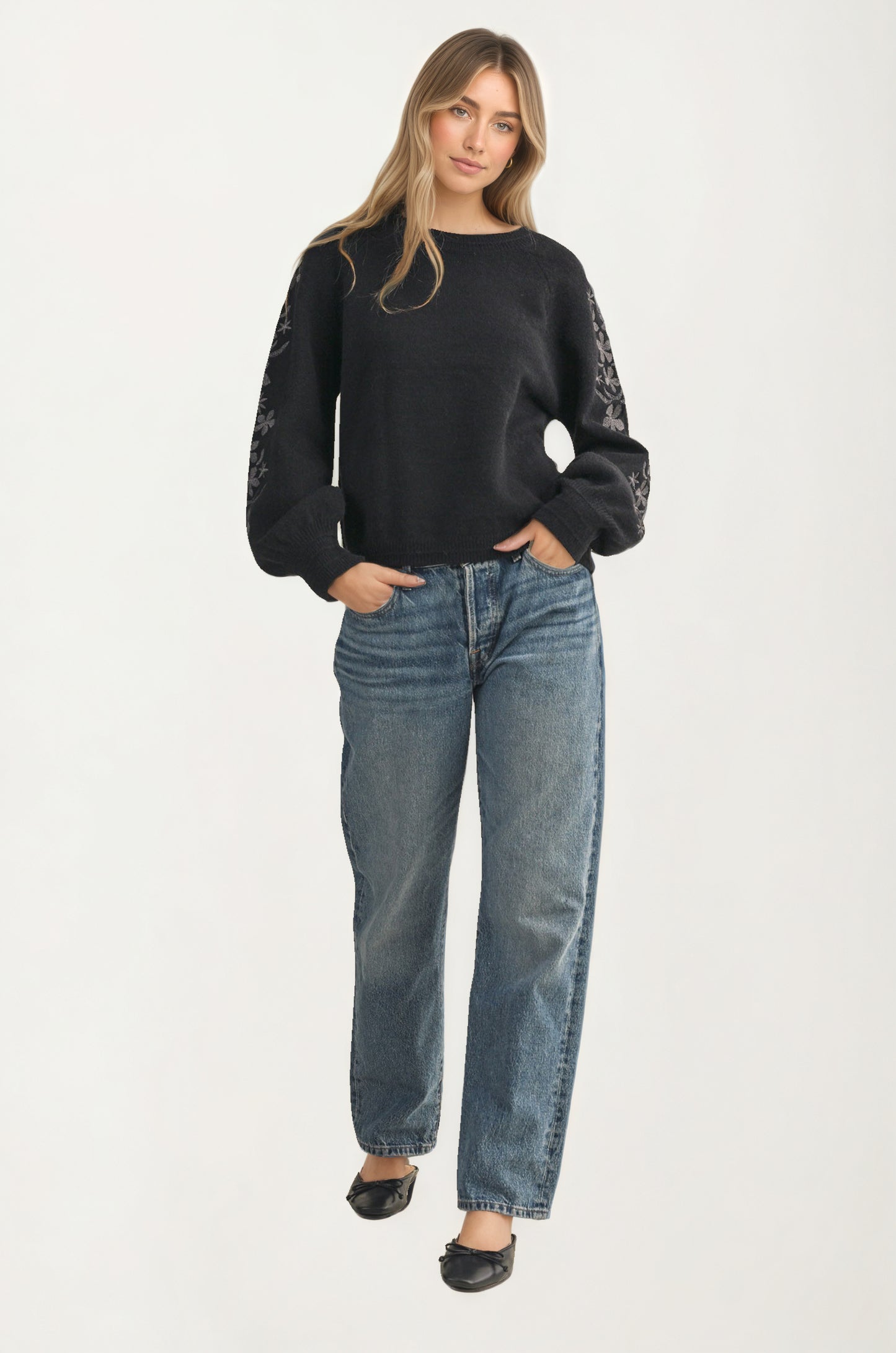Floral Embroidered Sleeve Sweater with Relaxed Silhouette