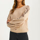 Floral Embroidered Sleeve Sweater with Relaxed Silhouette