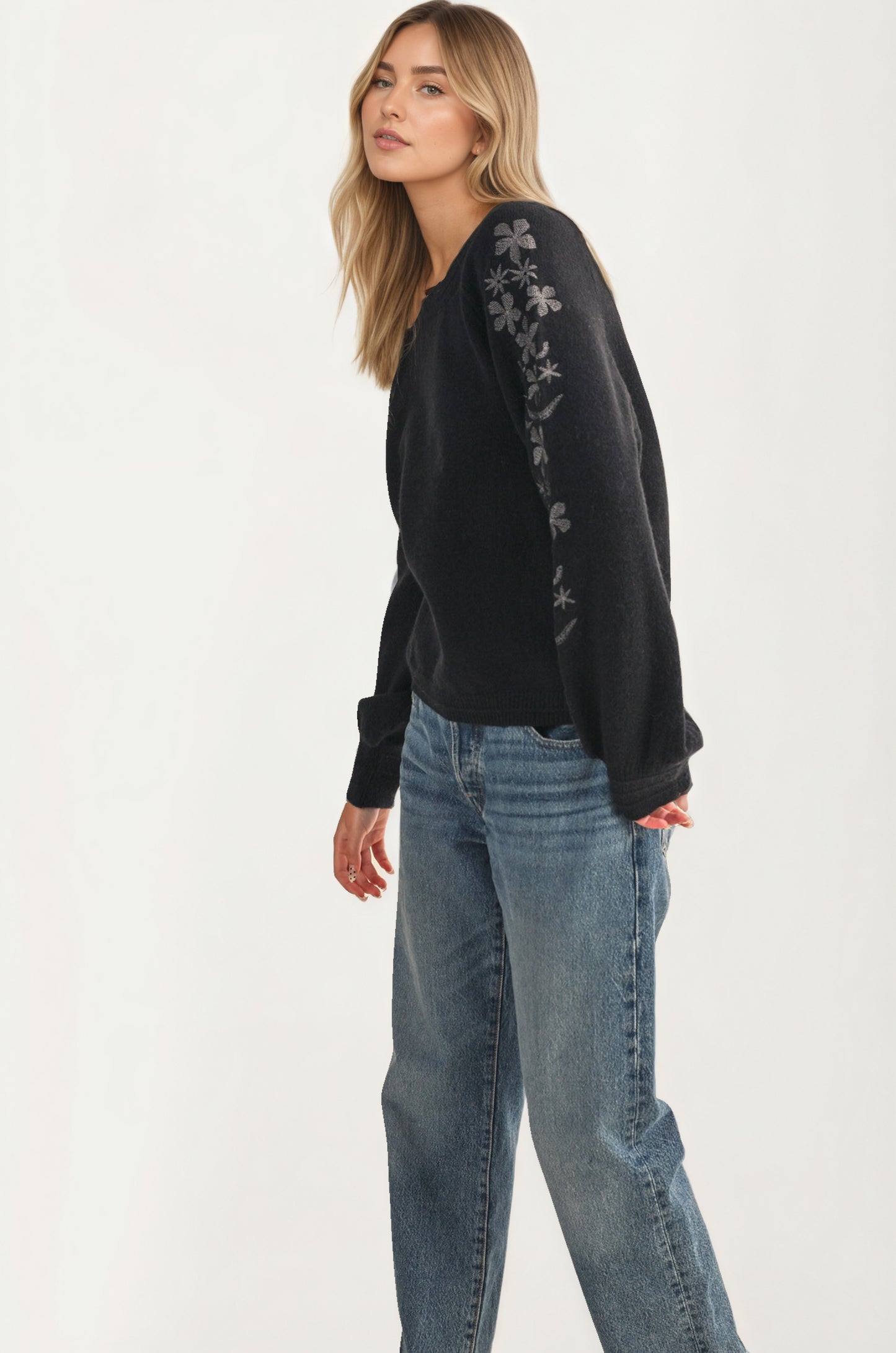 Floral Embroidered Sleeve Sweater with Relaxed Silhouette
