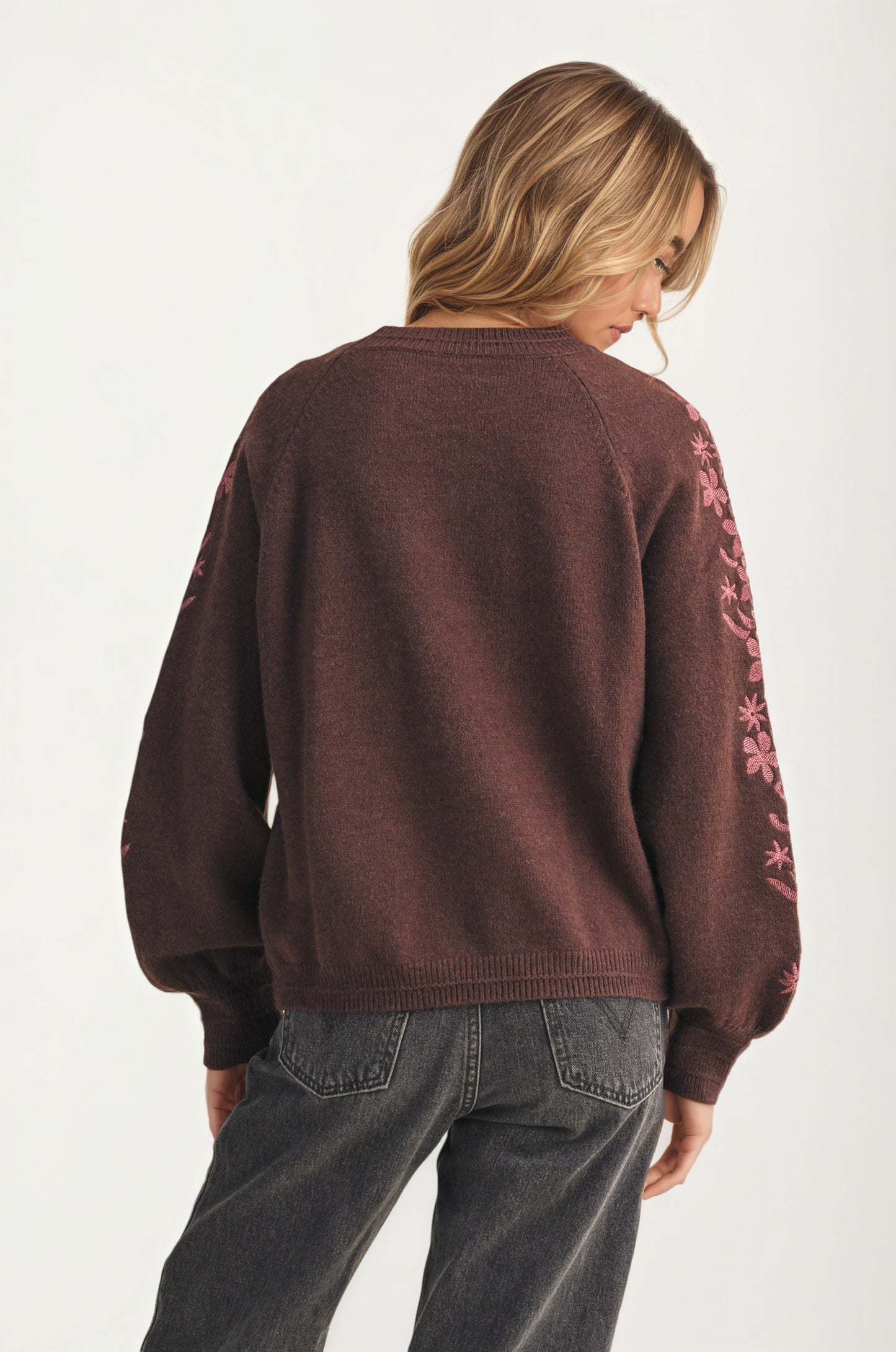 Floral Embroidered Sleeve Sweater with Relaxed Silhouette
