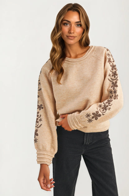 Floral Embroidered Sleeve Sweater with Relaxed Silhouette