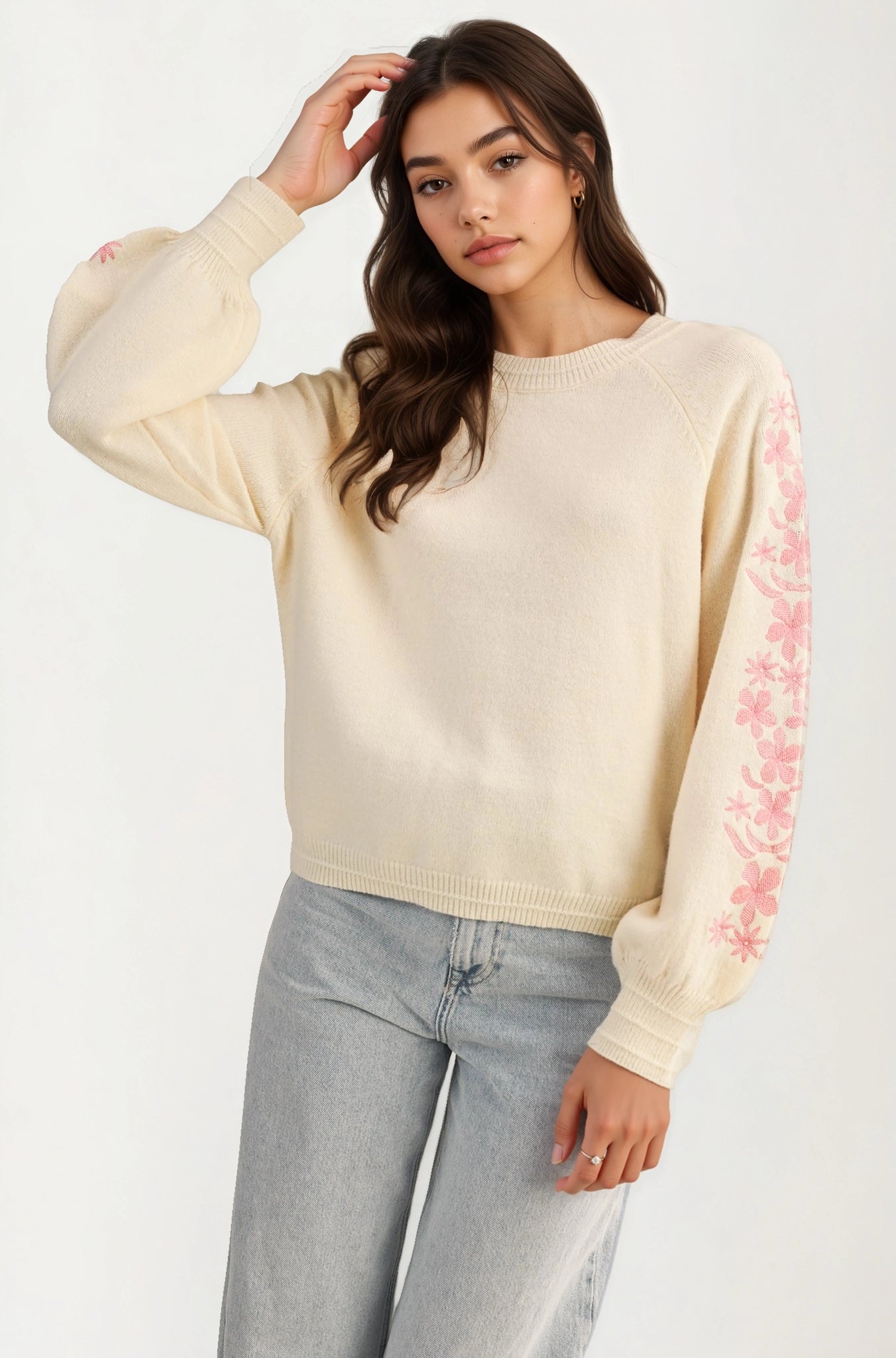 Floral Embroidered Sleeve Sweater with Relaxed Silhouette