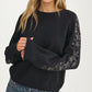 Floral Embroidered Sleeve Sweater with Relaxed Silhouette