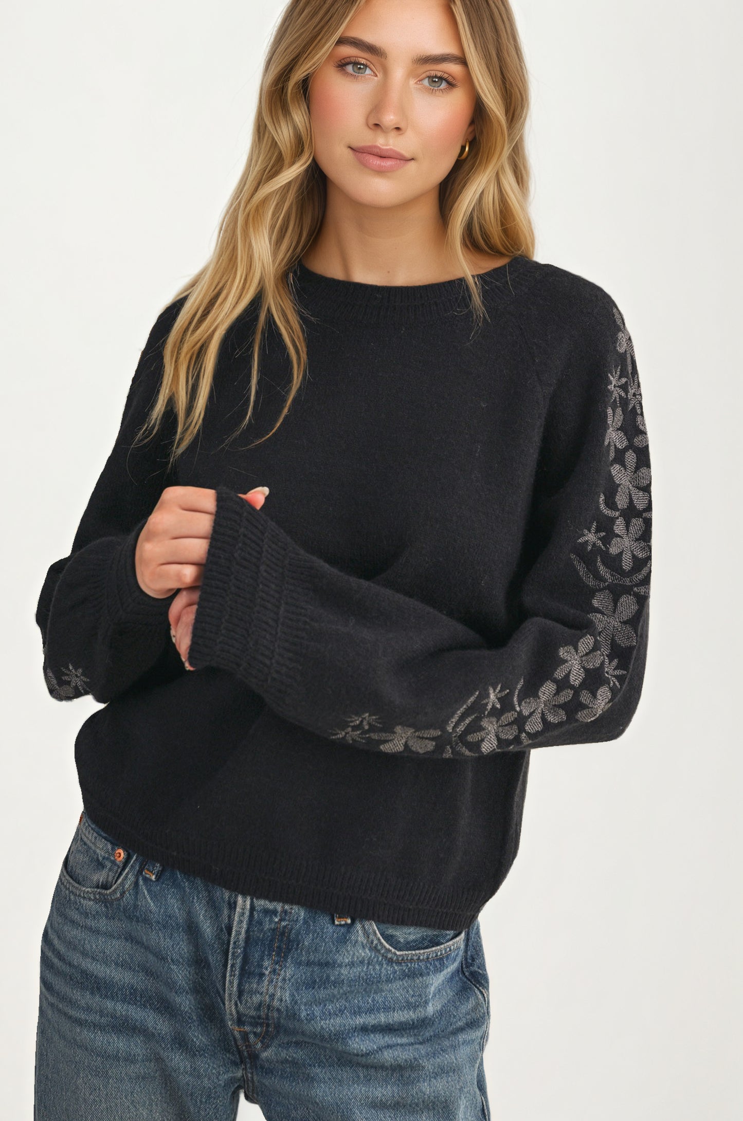 Floral Embroidered Sleeve Sweater with Relaxed Silhouette