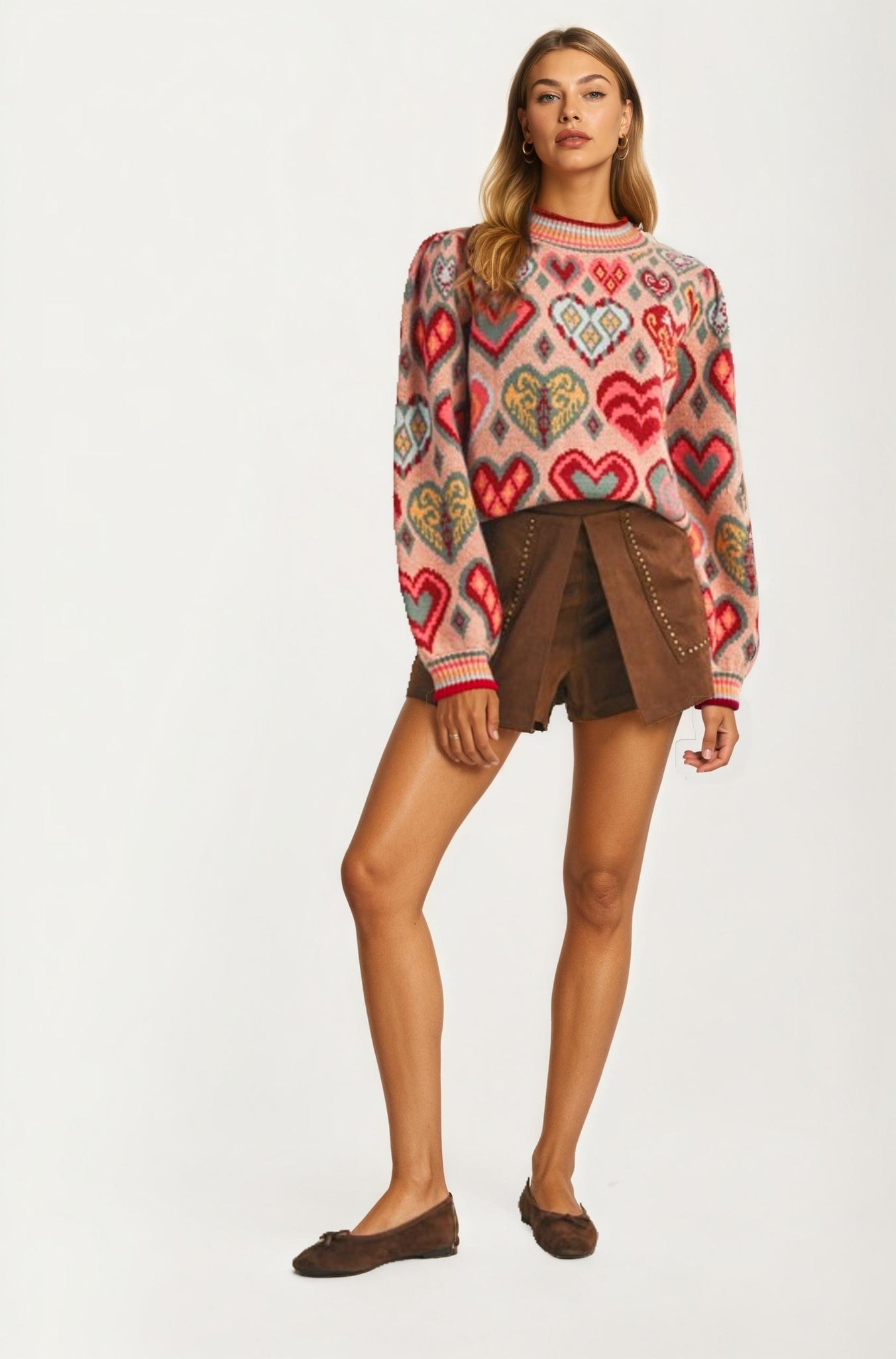 Colorful Heart Print Knit Sweater With Long Sleeves