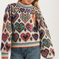 Colorful Heart Print Knit Sweater With Long Sleeves