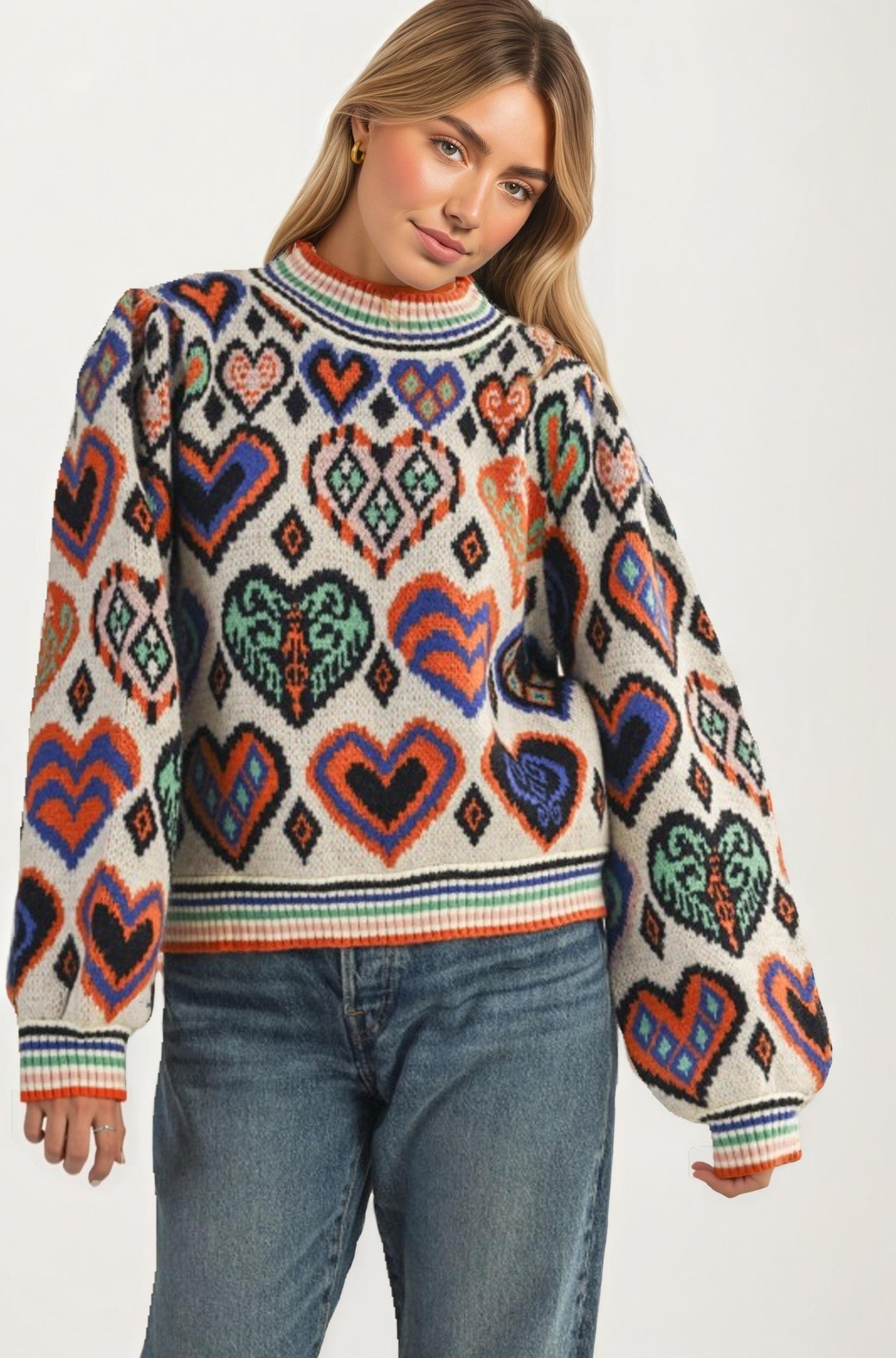 Colorful Heart Print Knit Sweater With Long Sleeves