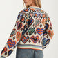Colorful Heart Print Knit Sweater With Long Sleeves