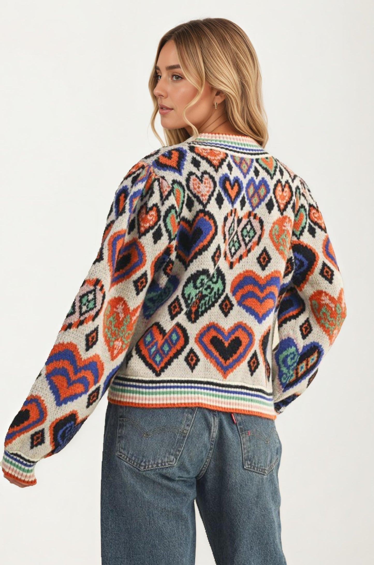 Colorful Heart Print Knit Sweater With Long Sleeves