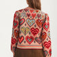 Colorful Heart Print Knit Sweater With Long Sleeves