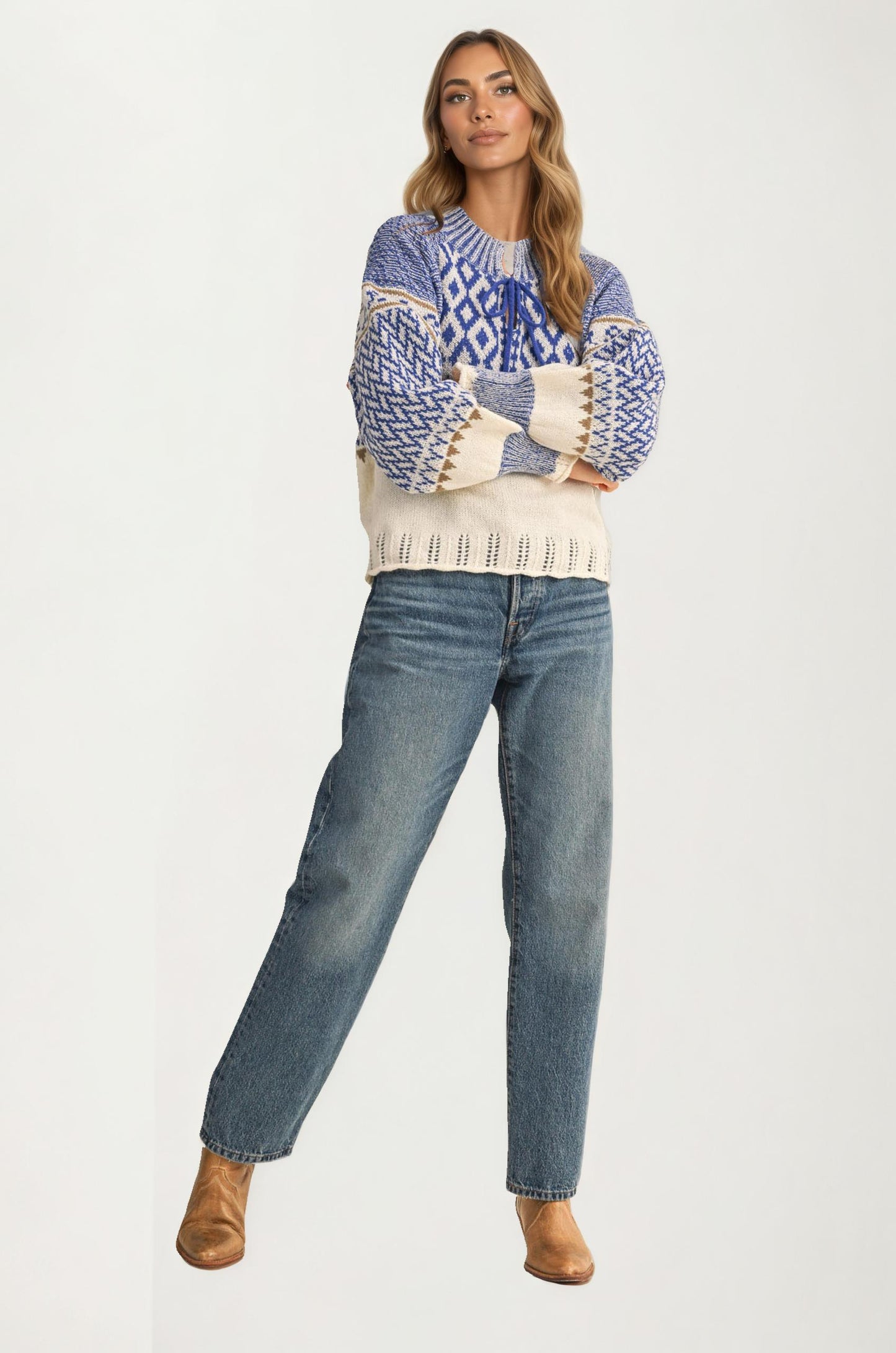 Fair Isle Tie-Neck Knitted Sweater