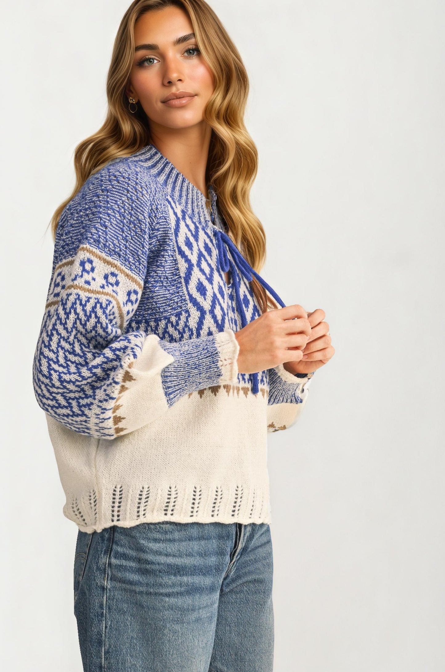 Fair Isle Tie-Neck Knitted Sweater