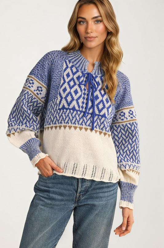 Fair Isle Tie-Neck Knitted Sweater