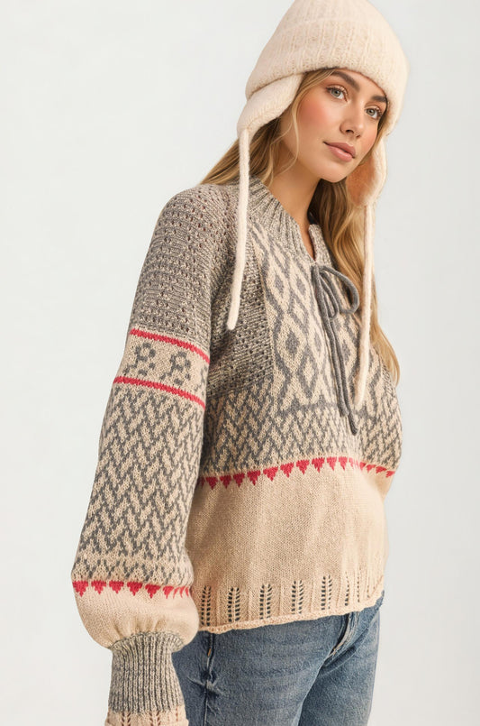 Fair Isle Tie-Neck Knitted Sweater