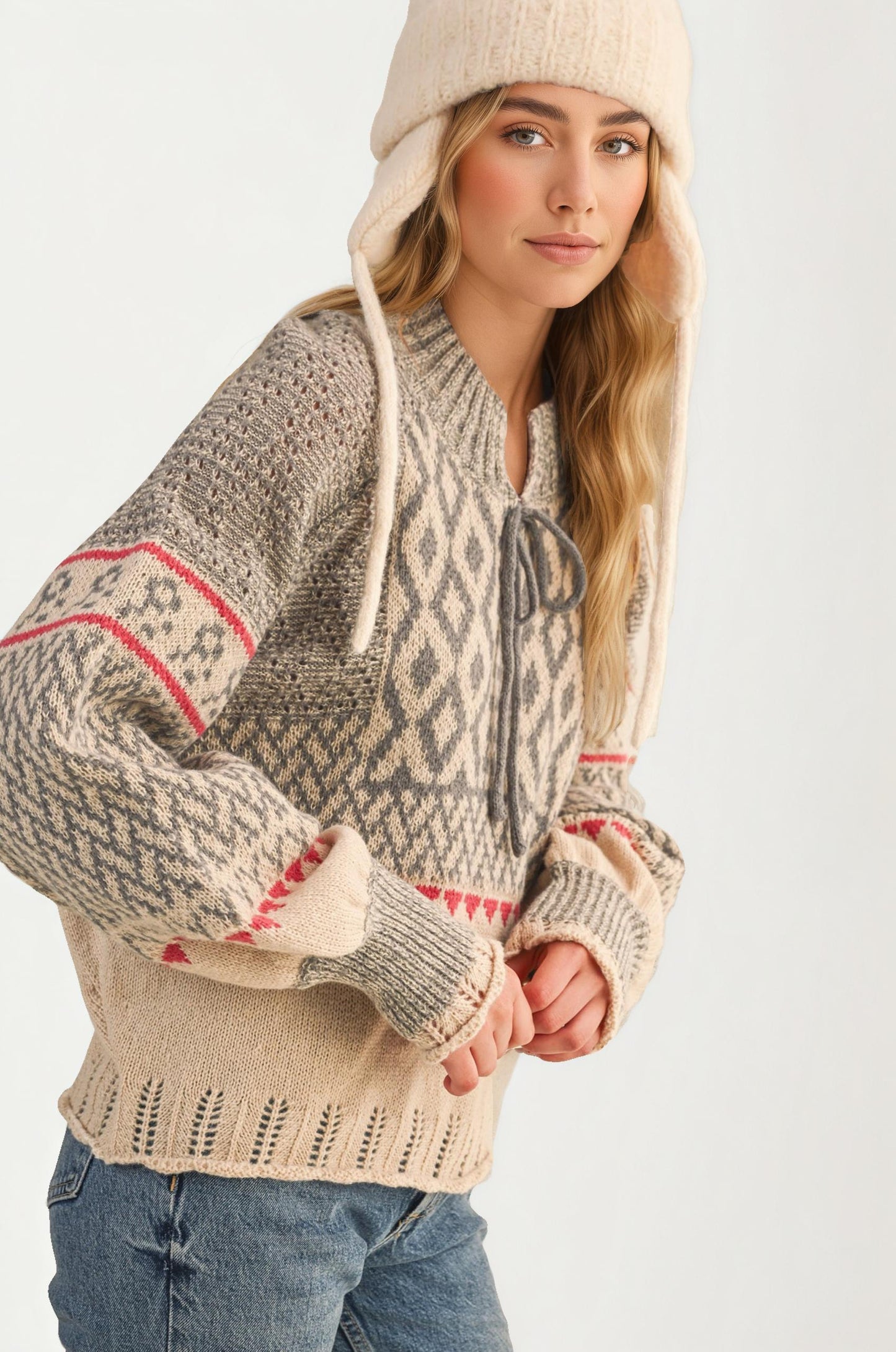 Fair Isle Tie-Neck Knitted Sweater