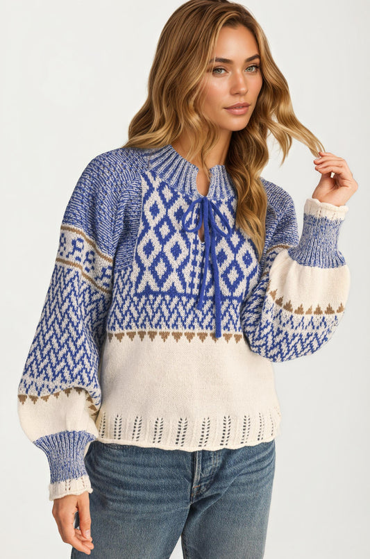 Fair Isle Tie-Neck Knitted Sweater
